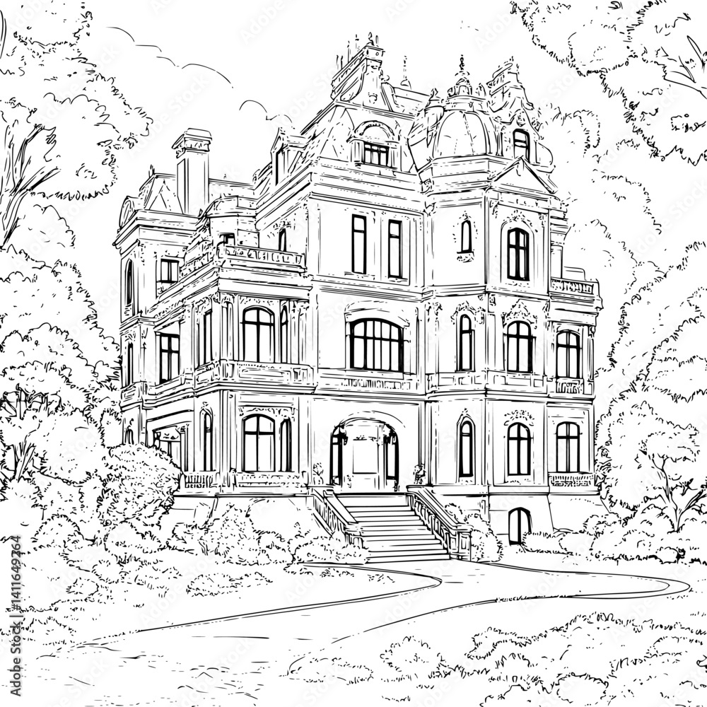 Fototapeta premium Victorian style Manor coloring book design, Victorian style Manor vector illustration