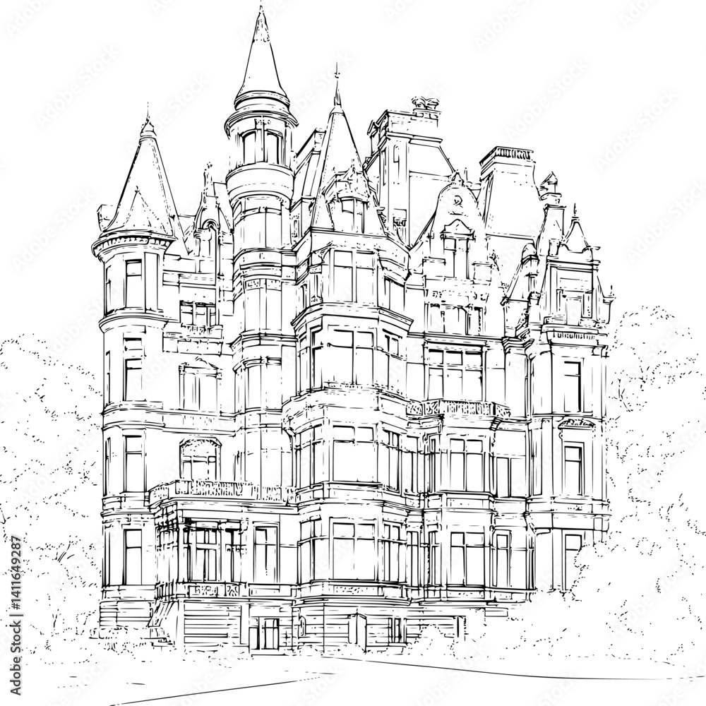 Obraz premium Victorian style Office tower coloring book design, Victorian style Office tower vector illustration