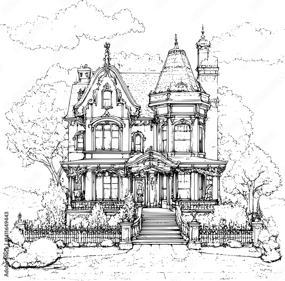 Fototapeta premium Victorian style Villa coloring book design, Victorian style Villa vector illustration