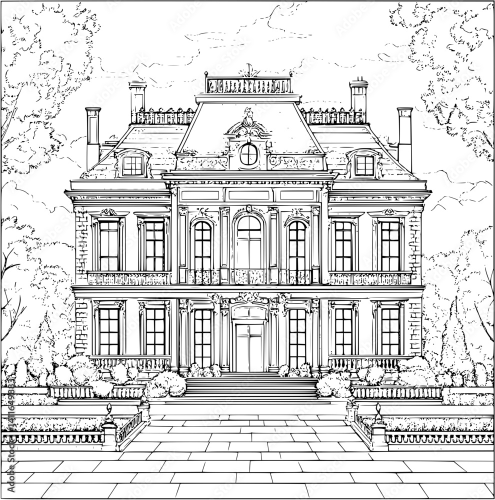 Obraz premium Baroque style Mansion coloring book design, Baroque style Mansion illustration art