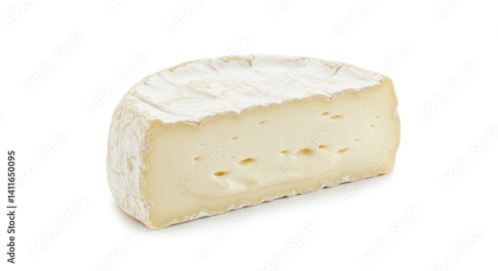 Wedge of soft cheese with white rind on a white background.