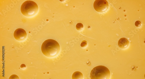Close-up of yellow cheese with holes texture surface food background.