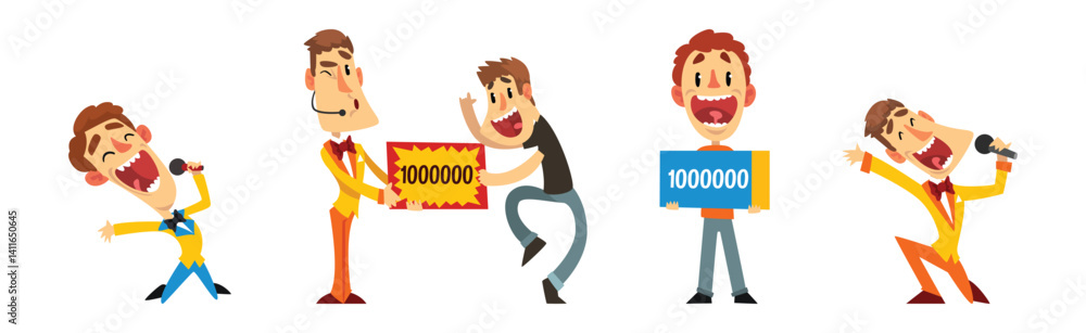 Lottery Show with Man Host with Microphone and Check Vector Set Lottery Show with Man Host with Microphone and Check Vector Set