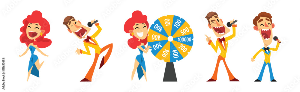 Lottery Show with Man Host with Microphone and Spinning Roulette Wheel Vector Set