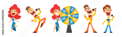 Lottery Show with Man Host with Microphone and Spinning Roulette Wheel Vector Set