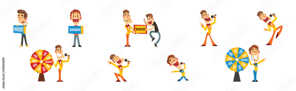 Lottery Show with Man Host with Microphone, Spinning Roulette Wheel and Check Vector Set Lottery Show with Man Host with Microphone, Spinning Roulette Wheel and Check Vector Set