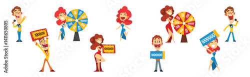 Lottery Show with Man Host with Microphone, Spinning Roulette Wheel and Check Vector Set