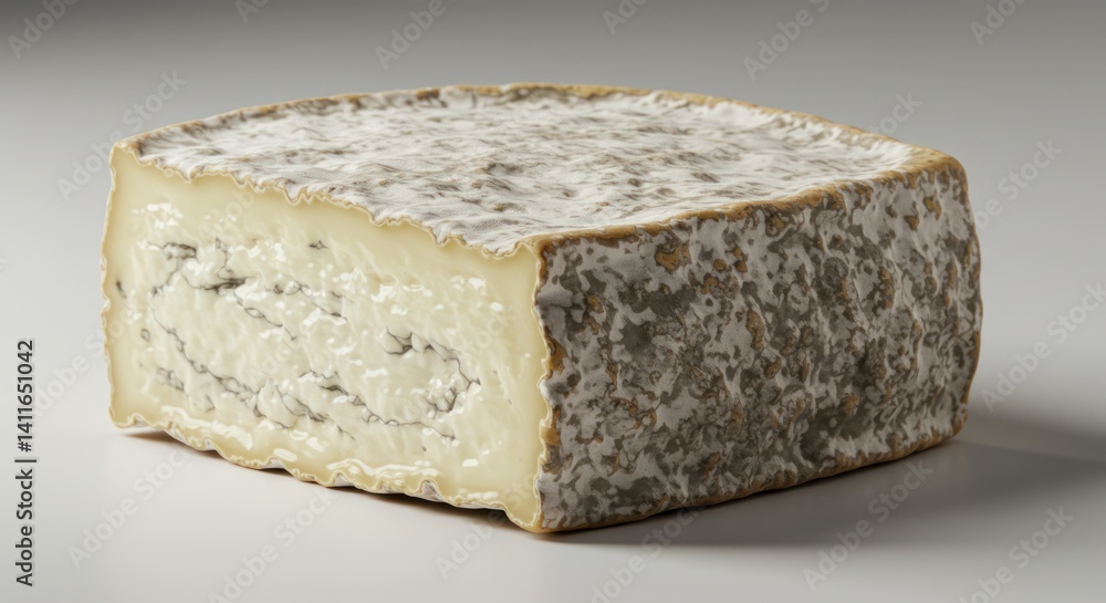 Square piece of cheese with mold on a white surface close-up. Square piece of cheese with mold on a white surface close-up.