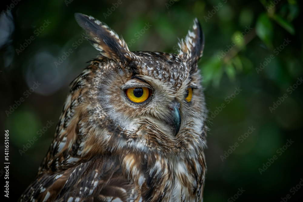 Fototapeta premium Owl eye at night, glowing in darkness, intricate feathers, mystical forest ambiance