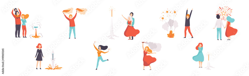 People Characters Launching and Watching Explosion of Fireworks Vector Set People Characters Launching and Watching Explosion of Fireworks Vector Set