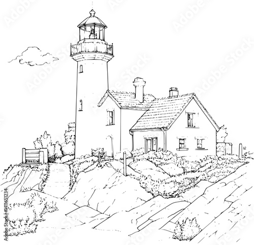 Mediterranean style Lighthouse coloring book design, Mediterranean style Lighthouse illustration art