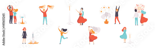 People Characters Launching and Watching Explosion of Fireworks Vector Set