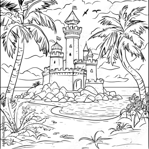 Mediterranean style Tower coloring book design, Mediterranean style Tower illustration art