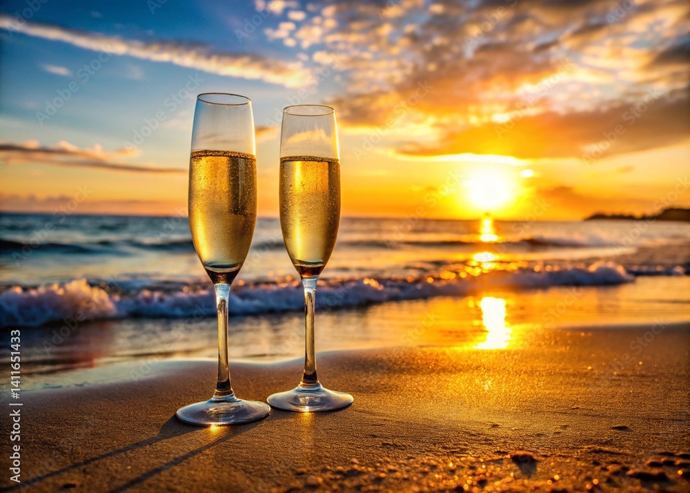 Two Glasses of Champagne on the Beach at Sunset
Two Glasses of Champagne on the Beach at Sunset