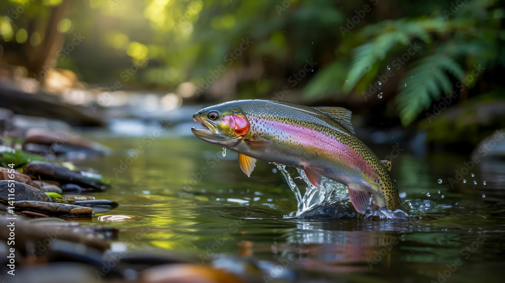 Fototapeta premium Realistic rainbow trout jumping out of a river, dynamic water splashes, photorealistic pencil sketch