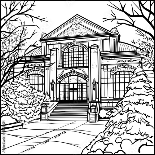 Modern style University building coloring book design, Modern style University building illustration art