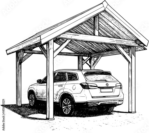 Ranch style Carport coloring book design, Ranch style Carport illustration art