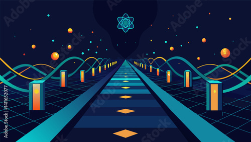 A series of litup pathways weaving through a dark background highlighting the ability of quantum computing to navigate through massive datasets.. Vector illustration