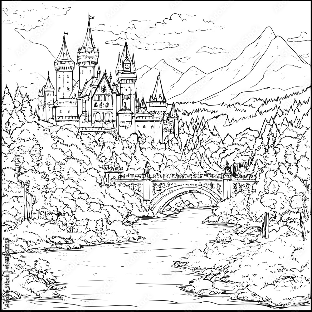 Fototapeta premium Tudor style Castle coloring book design, Tudor style Castle illustration art