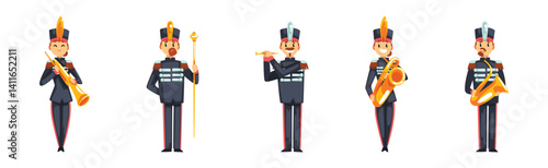 Man and Woman Band Member in Parade Uniform Playing Musical Instrument Vector Set