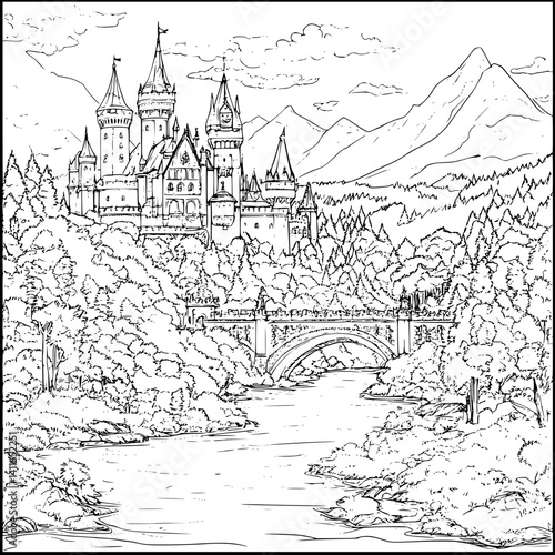 Tudor style Castle coloring book design, Tudor style Castle illustration art