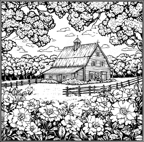 Tudor style Barn coloring book design, Tudor style Barn illustration art