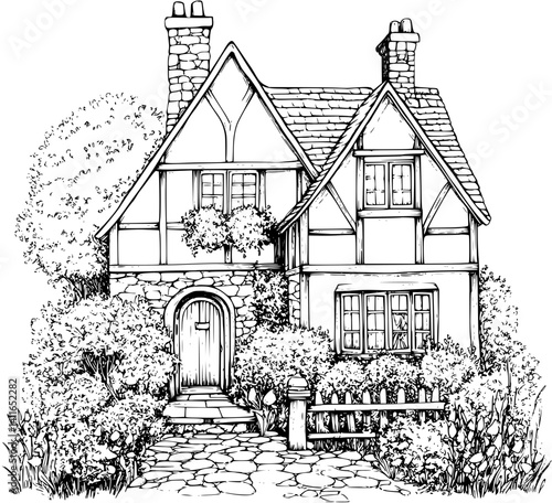Tudor style Farmhouse coloring book design, Tudor style Farmhouse illustration art