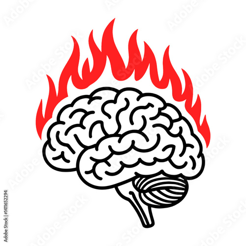 Creative illustration of a brain surrounded by flames symbolizing intense thought or stress