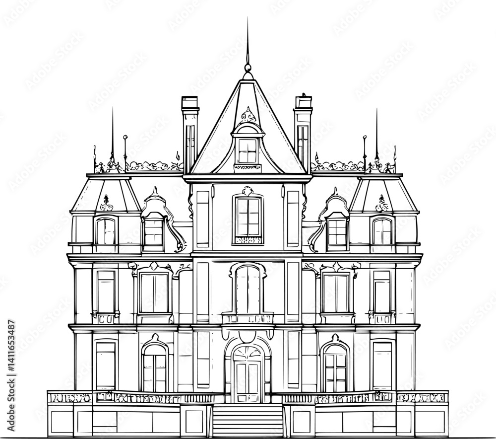 Fototapeta premium Blueprint design of Chateau, Chateau line art vector graphic