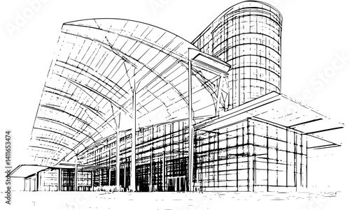 Convention center blueprint line art, Convention center vector graphic