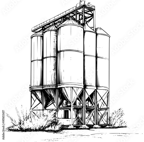 Blueprint design of Grain elevator, Grain elevator line art vector graphic