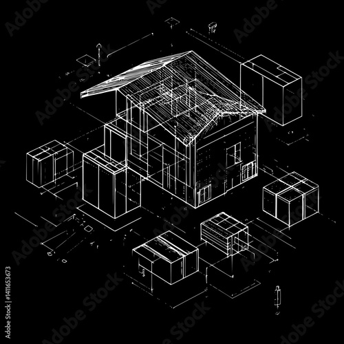 Blueprint design of Packing house, Packing house line art vector graphic