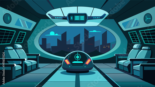 The sleek futuristic design of the eVTOLs interior is accentuated by the use of holographic displays that provide information and entertainment to passengers.. Vector illustration