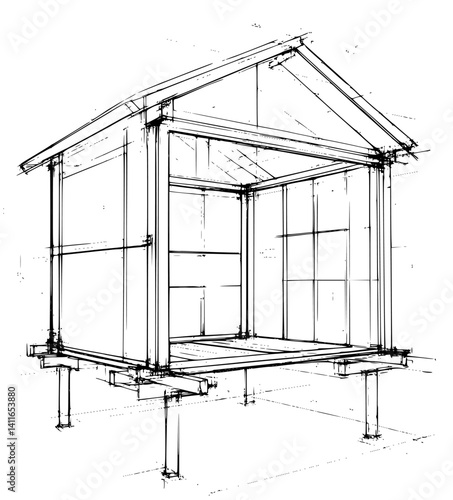 Shed blueprint line art, Shed vector graphic