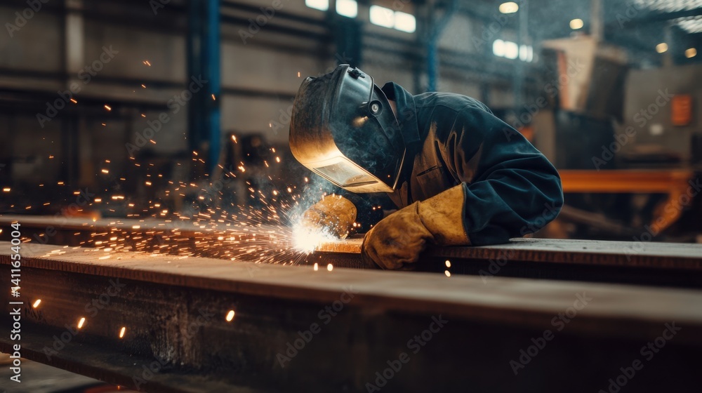 A welder fusing metal beams together at a large construction site. Featuring skill and industrial strength A welder fusing metal beams together at a large construction site. Featuring skill and industrial strength