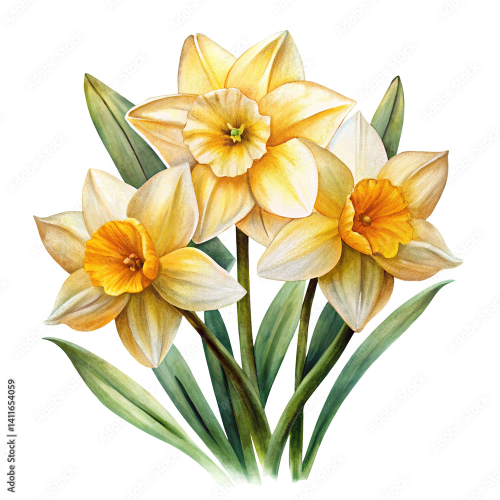 Fototapeta premium Watercolor Illustration of Three Daffodils with Lush Green Leaves on White