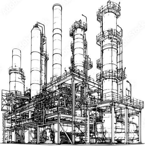 Waste processing plant blueprint line art, Waste processing plant vector graphic