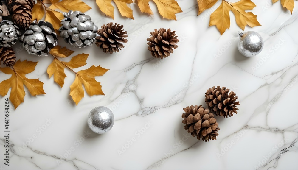 Fototapeta premium Pine cones and leaves with christmas balls on a white table. Flat lay with blank copy space.