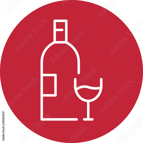 White Line Wine Bottle and Glass Icon on Red Circle Background