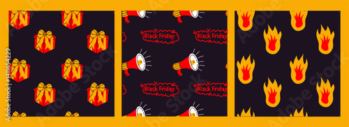 Festive Black Friday patterns featuring gifts, megaphones, and flames in vibrant colors