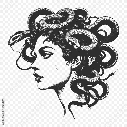 A detailed black and white depiction of a Woman with a snake on her head, ideal for mythology themes, tattoo designs, and dark fantasy concept projects. vintage artistic style sketch engraving 