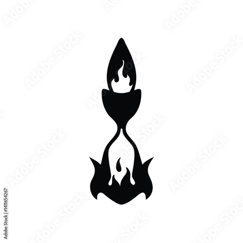 Abstract graphic of a stylized hourglass with flames.