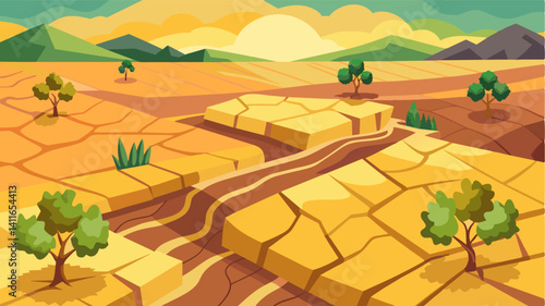 The aerial perspective reveals a patchwork of parched farmlands interspersed with barren fields where crops have failed to grow leaving behind only a few stubborn wilted stalks.. Vector illustration