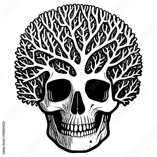 Intricate Skull with Coral Tree Design Ideal for Tattoo and Coloring Book Art