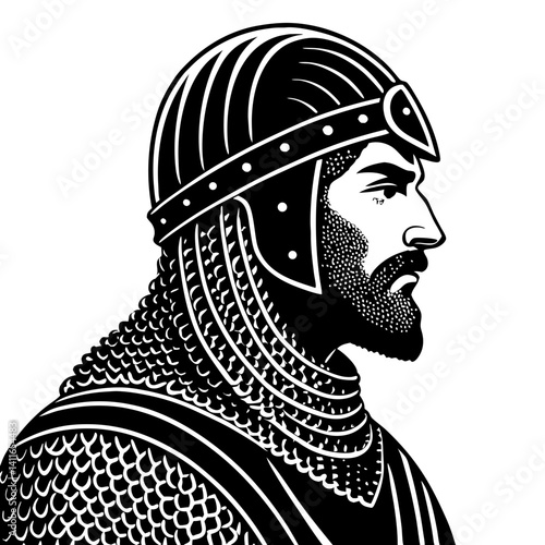 Warrior Profile Illustration Detailed Knight with Armor for Tattoos and Coloring Books
