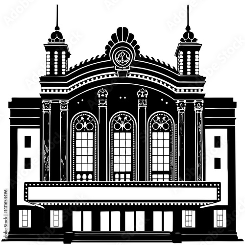 Elegant Vintage Theater Building Facade Illustration for Architectural Design Projects