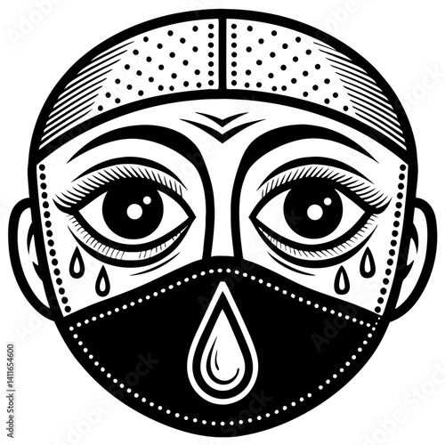 Intricate Illustrative Design of a Face Wearing a Protective Mask with Tears for Emotional Expression