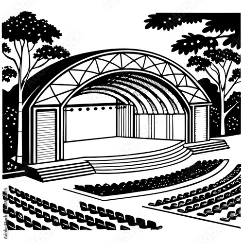 Outdoor Amphitheater Stage Design Surrounded by Lush Trees for Concerts and Performances