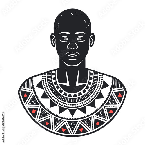 African Man Portrait with Tribal Necklace Black and White Vector Art for Cultural Design
