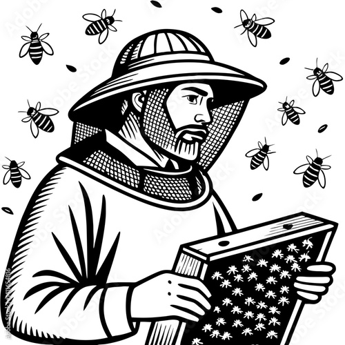 Beekeeper Examining Honeycomb with Bees Flying Around for Educational and Creative Use